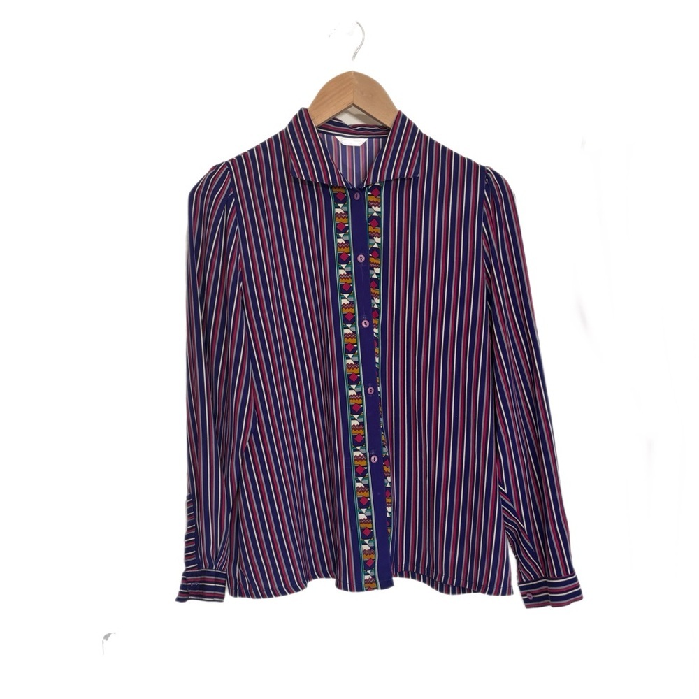 Vintage purple vertical stripes long sleeve button up blouse